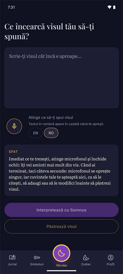 Ecranul „Vis nou” al aplicației: „Ce încearcă visul tău să-ți spună?”, un câmp de scris, butonul de microfon și sfatul de a povesti visul imediat după ce te trezești.
